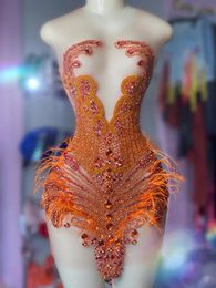 Gillter Orange Short Evening Cocktail Dresses Sheer Mesh Crystal Beaded Feather Black Girl Mini Prom Birthday Gown