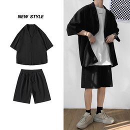 Men's Tracksuits Set Solid Short Bottoms Fashion Sleeve Suit Jacket Oversized Shorts Matching Korean Man Clothing Style Men's Top And