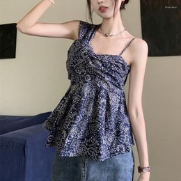 Women's Blouses Vintage Irregular For Women Sleeveless Floral Print Pleated Diagonal Collar Femme Shirts Tops Skinny Blusas Drop