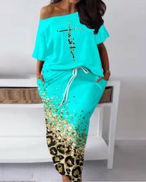 Party Dresses Women Summer Skew Neck Cotton Blends Faith Letter Pattern Top & Contrast Leopard Print Skirt Set