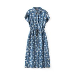 2023 Summer Blue Floral Butterfly Dress Short Sleeve Lapel Neck SequinsKnee-Length Casual Dresses W3L041810