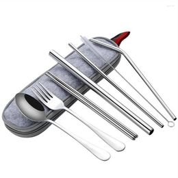 Dinnerware Sets 8Pcs/Sets Titanium-plated Stainless Steel Portable Tableware 304 Straw Cutlery Chopsticks Set