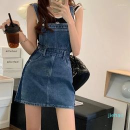 Casual Dresses Fashion Suspender Denim Dress For Women Solid Loose Waist A-Line Short All-Matched Female Patchwork Jean Summer