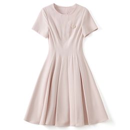 2023 Summer Pink Solid Colour Dress Short Sleeve Round Neck Knee-Length Casual Dresses W3L041802