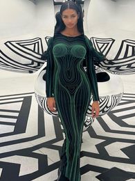 Casual Dresses Y2K O-neck Green Striped Print Backless Evening Dress Elegant Chic Women's Bodycon Bandage Party Night Club Long 2023
