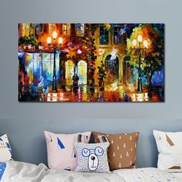 Modern Impression Canvas Art Night Doors Contemporary Oil Painting Street Handmade Restaurant Decor