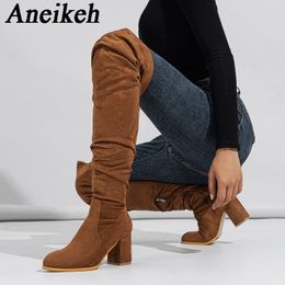 Womens Mature Flock Round Motorcycle Over Knee Long Boots 2023 Spring/Autumn New High Top Side Zipper Thick Heel Boots