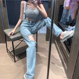 Women's Jeans Varofi 2023 Spring Women's Ripped High Waist Loose Straight Pants Wide The Side Hole Y2K Street