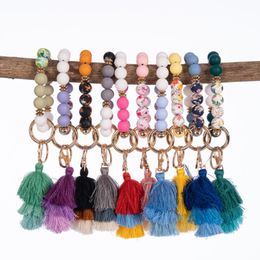 Colourful Silicone Beads Three-Layer Tassel Bracelet Party Key Ring Tassel Elastic Rope Beaded Bracelet Key Pendant Wholesale GG