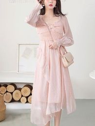 Casual Dresses Pink Chiffon French Elegant Dress Women Dot Sweet Party Midi Female Korean Fashion Irregular Causal Vintage Summer