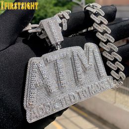 Pendant Necklaces Iced Out Bling Letters ATM Addicted To Money Pendant Necklaces Silver Color Rectangle CZ Zircon Charm Men's Hip Hop Jewelry 230615