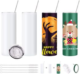 25pack USA/CA Warehouse Stock 20oz White Skinny Tumbler Stainless Steel Sublimation Tumbler with Straw and Mat 4.23