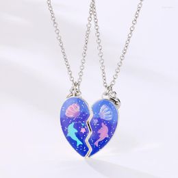 Chains Lovecryst 2Pcs/set Ocean Dolphin Conch Drip Oil Magnetic Friend Necklace For Kids Girls Fashion Friendship Gifts