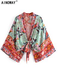 Cover-ups Two Piece Dress Boho Vintage Floral Print Beach Summer Short Kimono Women Fashion Ladies Casual V Neck Batwing Sleeves Bohemian Cover-ups 230616