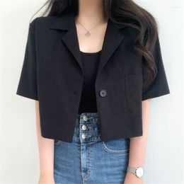 Women's Blouses Women's Minimalist Chic Style Shirts Solid Notched Collar Short Sleeves Single Button Big Pocket Tops Summer 2023