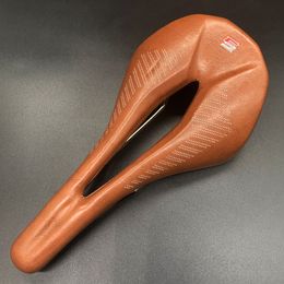 Bike Saddles TAOZIK Brown Imitation Leather Hollow Breathy Light Weight Racing Bike Saddle Bicycle Seat 230615