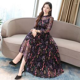 Casual Dresses French Platter Dress 2023 Long-Sleeved Loose Floral Chiffon Female Large Size Round Neck Blue Spring Women's