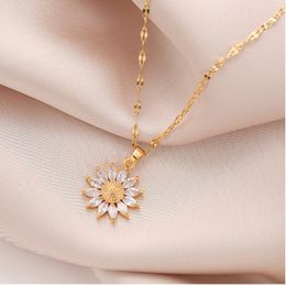 Simple Sunflower Pendant Necklace for Women with Ins Diamond Zircon Sunflower Titanium Steel Lock Bone Chain Mesh Red Versatile Gift