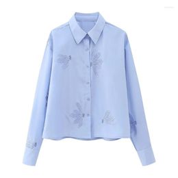 Women's Blouses Sequin Decoration Blue Shirts For Women Lapel Long Sleeve Loose Casual Vintage Streetwear Fashion Blusas