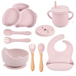 Cups Dishes Utensils 9-piece children's tableware silicone rabbit dinner plate set cartoon baby tableware suction cup bib cup spoon fork set BPA free 230615