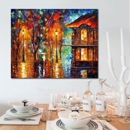 Stunning Landscape Canvas Art Rain Energy Hand Painted Urban Streets Painting Lobby Decor