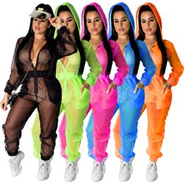 Women's Jumpsuits Rompers Mesh Jumpsuit Black Green Blue Orange Hooded Jumpsuit Sheer See Through Jumpsuit Bodycon Party Club Outfits Mono Mujer 230615