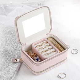 Jewelry Pouches Luxury Leather Organizer Case With Zippers Portable Multifunctional Ring Pendant Lipstick Storage Box Mirror