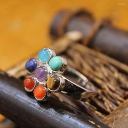 Cluster Rings Natural Stone Seven Chakra Good Luck Meditation Ring Women Fashion Crystal Healing Plating Sliver Free Size