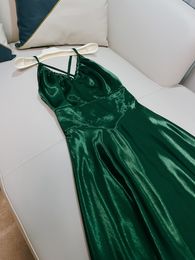 2023 Summer Emerald Green Solid Color Panelled Satin Dress Halter V-Neck Long Maxi Casual Dresses J3L127842