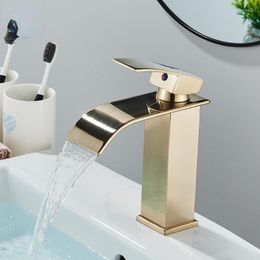 Bathroom Sink Faucets Brushed Gold Basin Faucet Waterfall Outlet Vanity Cold Mixer Tap Deck Mount Taps Washbasin For