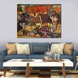 Colorful Abstract Painting on Canvas Yellow City 1914 Egon Schiele Art Unique Handcrafted Artwork Home Decor