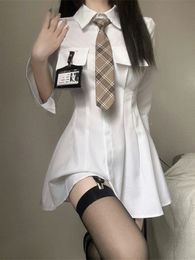 Urban Sexy Dresses QWEEK Classic White Shirt Dres Wrap Slim Design Polo Short 2023 Korean Fashion Kpop Spring with Tie 230616