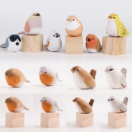 Decorative Objects Figurines Nordic Style Little Fat Bird Handmade Robin Mountain Blue Wood Carving Ornaments Animals Deco 230615