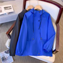 Women's Jackets Blue Temperament Hooded Medium And Long Trench Coat Women Loose Casual 2023 Spring Autumn Top