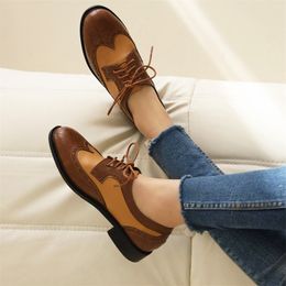 Low Heel Woman Shoes 2023 New Lace Up Round Toe Loafers British Style Flats Color Splicing Ladies Single Shoe Dropshopping