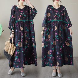 Casual Dresses Vintage Print Long Dress Women's Loose Travel Style Robe Extra Large Size Women Clothing 3/4 Sleeve Round Neck Z1502