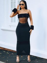 Casual Dresses 2023 Fashion Mesh Patchwork Black For Women Streetwear Sexy Elegant Strapless See Through Bodycon Long Maxi Evening Robe