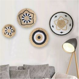Decorative Plates Moroccan Creative Combination Wall Hanging Plate Rattan Grass Weaving Dishes for Home Decor Livingroom Bedroom Background 230615