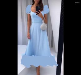 Party Dresses Verngo Custom Design Blue Cap Sleeves Evening Square Neck Midi Length Women Occasion Night Prom Gowns Outfit