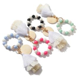 Bead Wood Bracelet Jewellery Silicone Beaded Tassel Beaded Keychains Colourful Fringe Bracelets Bangle Wrist Key Ring Pendant Bag GG