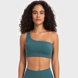 Yoga Outfit Low Support One Shoulder Cut Out Sports Bras Women Ribbed Padded Gym Workout Tops With Removable Cups