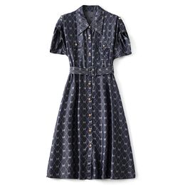 2023 Summer Blue Plaid Dress Short Sleeve Lapel Neck Sequins Knee-Length Casual Dresses W3L041509