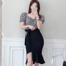 Work Dresses ZAWFL 2023 Plaid Puff Short Sleeve Blouse Shirt Bodycon Fishtail Irregular Skirt Two Piece Black Midi Sexy Women's Party