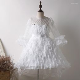 Girl Dresses White Exquisite Beading Feathers Flower Dress Ruffles Flare Sleeve Performance O-Neck A-Line Formal Prom Gown