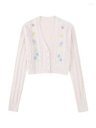 Women's Knits 2023 Spring Summer Women's Floral Embroidery Cable Knit Cardigan Sweater Temperament Elegant Casual Tops