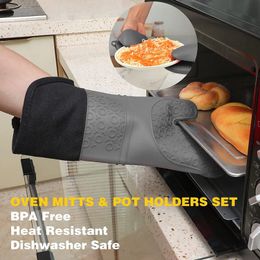 Oven Mitts Silicone Gloves Heat Resistant Cotton Insulated For Baking Barbecue Kitchen Cooking 230616