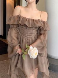Casual Dresses 2023 Women Elegant Solid Off Shoulder High Waist Mini Dress Lady Fairy Holiday Ruffle Y2k Female Beach