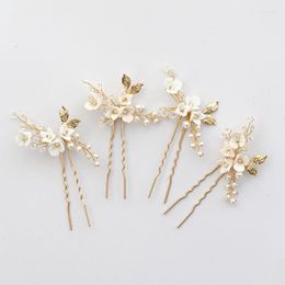 Hair Clips Romantic White Ceramic Tiny Flowers Bridal Hairpin Gold Color Leaf Bun Pin Pearl Women's Wedding Jewelry