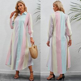 Women's Blouses Casual Coloured Striped Shirt Dress For Women Fall 2023 Long Sleeve Lapel Single-breasted Midi