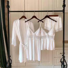 Women's Sleepwear Women White Satin Lace Pajamas Set Nightwear Spring Pyjamas Suit Lounge With Chest Pads Home Wear
